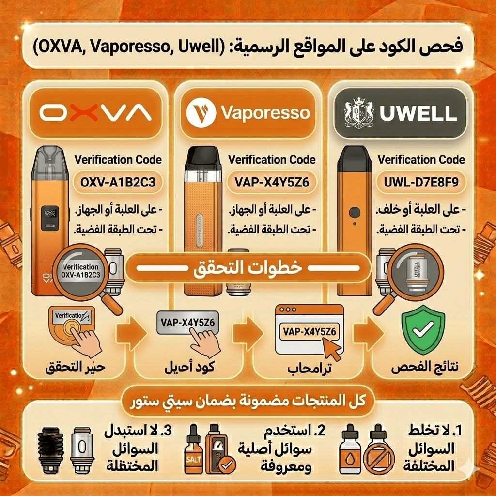 فحص الكود على المواقع الرسمية (OXVA, Vaporesso, Uwell)